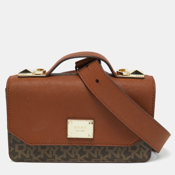 brown signature coated canvas and leather top handle bag