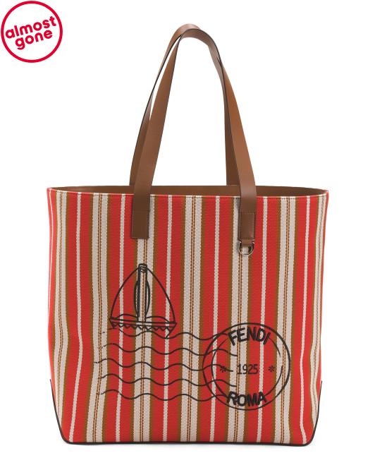 FENDI Made In Italy Canvas Striped Medium Shopper Tote With Leather Straps