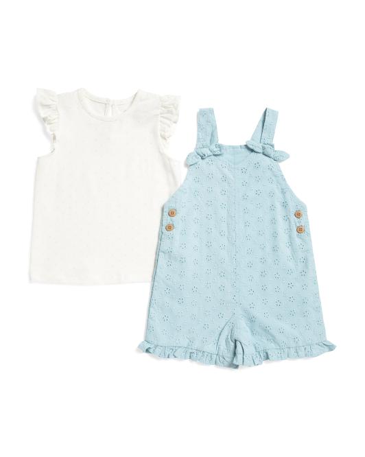 LITTLE ME Toddler Girls 2pc Eyelet Woven Shortall Set