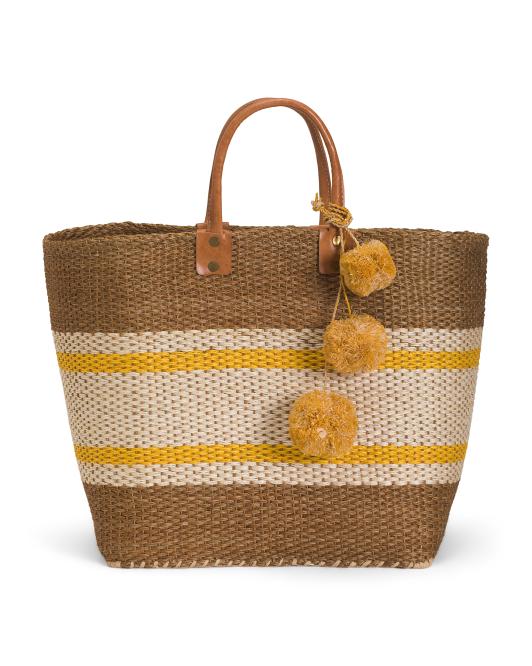 MAR Y SOL Handmade Large Cyprus Woven Basket Tote With Leather Handles