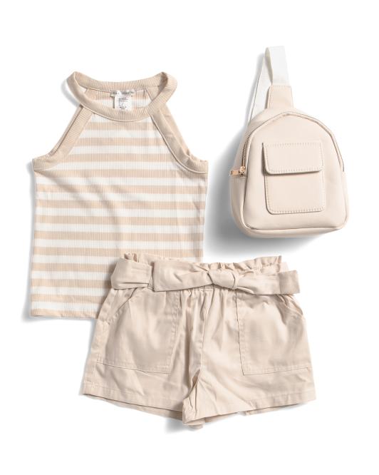 MAX STUDIO Girls 2pc Striped Ribbed Tank And Shorts Set With Bag