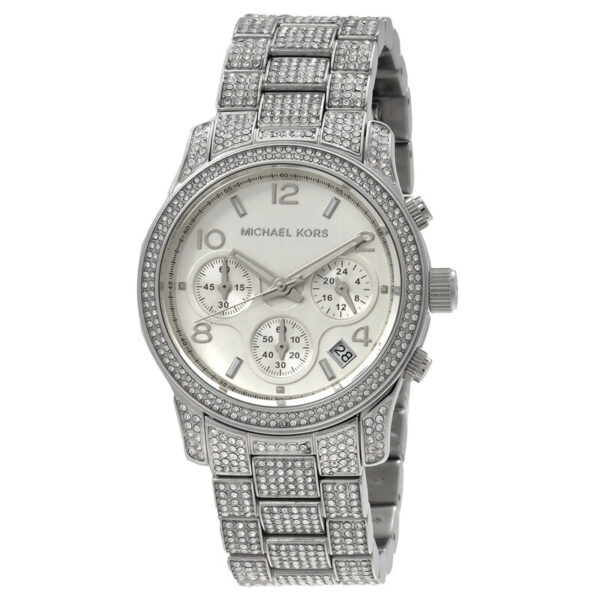 Runway Pave Chronograph Quartz Silver Dial Ladies Watch MK7434