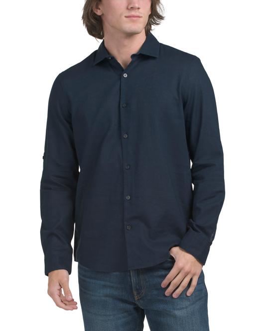 PERRY ELLIS Linen Blend Long Sleeve Solid Shirt