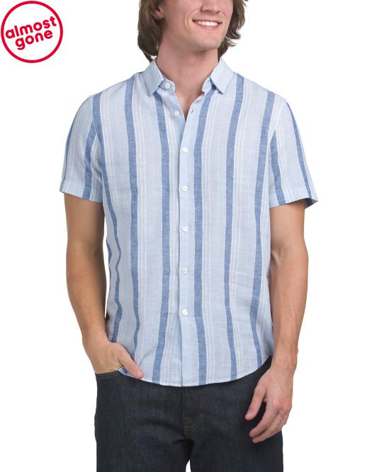 PERRY ELLIS Linen Blend Short Sleeve Slim Slub Vertical Striped Woven Shirt