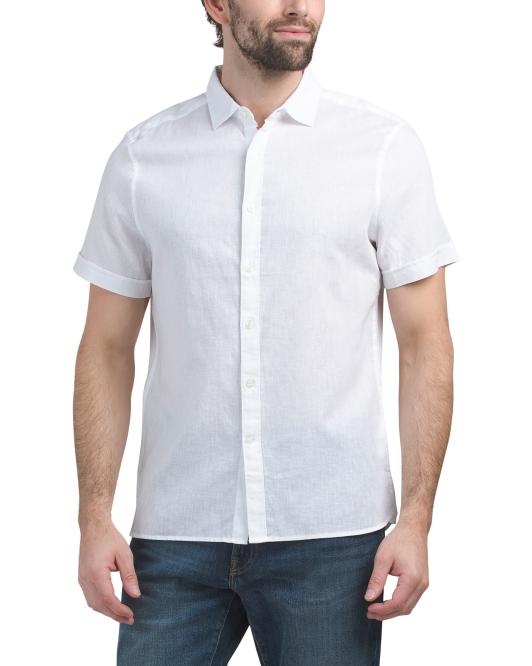 PERRY ELLIS Linen Blend Short Sleeve Solid Shirt