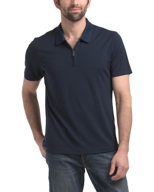 PERRY ELLIS Short Sleeve Ottoman Stitch Quarter Zip Polo