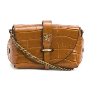 PRATESI Made In Italy Leather Cognac Printed Crocodile Tab Bag With Keeper