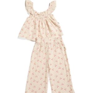 RABBIT AND BEAR ORGANIC Toddler Girls 2pc Cherry Gauze Top And Pants Set With Sunglasses