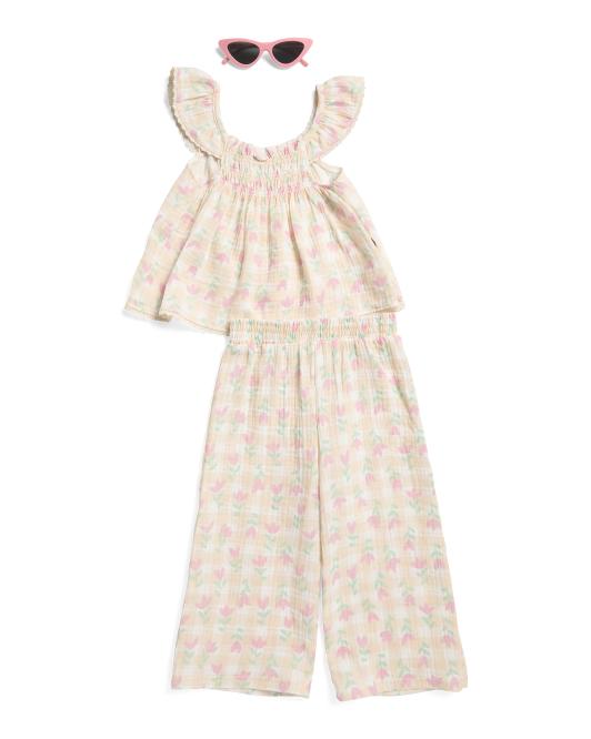 RABBIT AND BEAR ORGANIC Toddler Girls 2pc Gingham Gauze Top And Pants Set With Sunglasses
