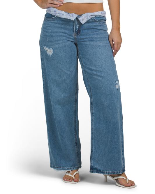 REWASH Foldover Contrast Baggy Denim Pants