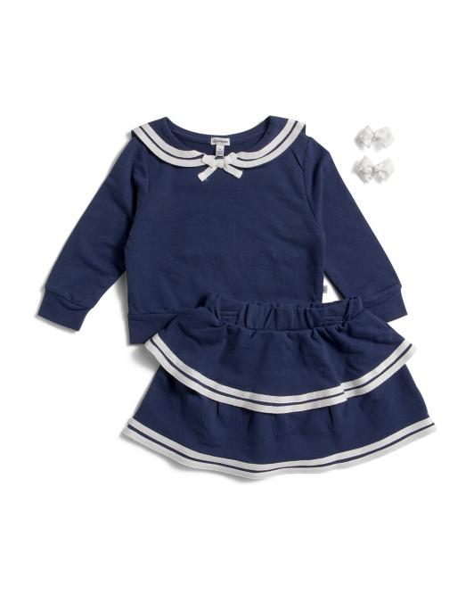 SPERRY Toddler Girls 2pc Piped Knit Top And Skirt Set With Hair Bows
