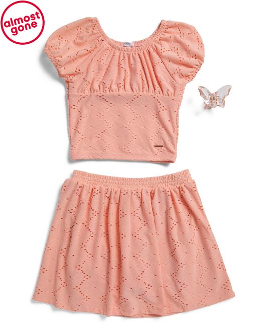 TAHARI Girls 2pc Knit Eyelet Top And Skirt Set With Hair Clip