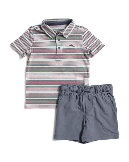 TOMMY BAHAMA Boys 2pc Striped Performance Polo And Hybrid Shorts Set