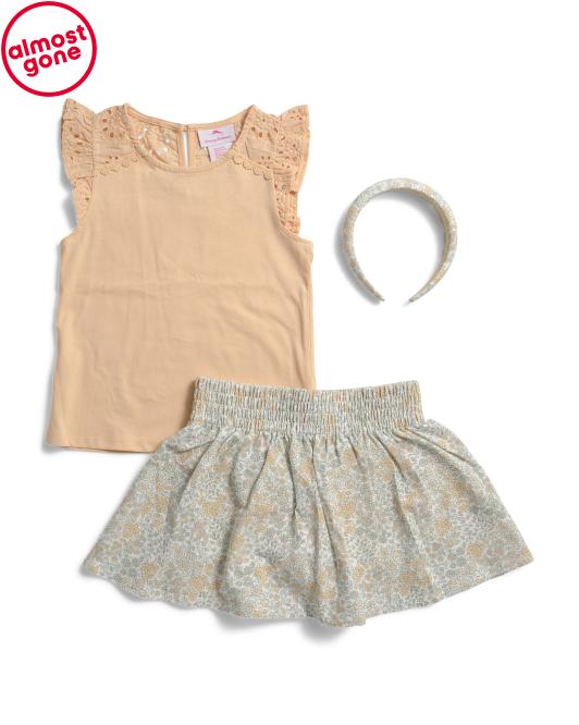 TOMMY BAHAMA Girls Eyelet Ruffle Top With Floral Printed Skirt With Headband