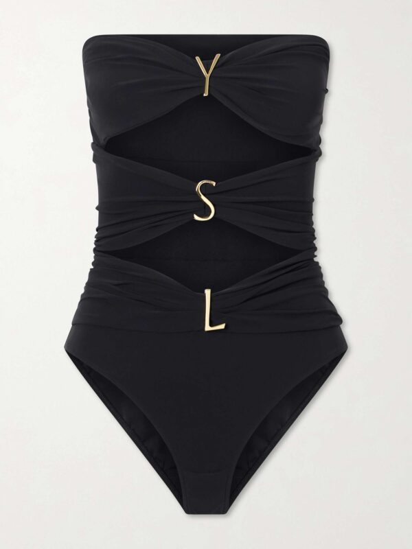 Strapless cut-out gathered embellished swimsuit