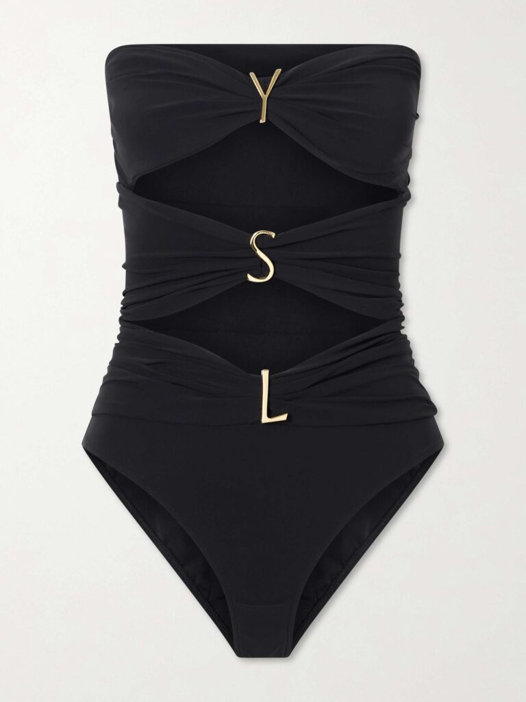 Strapless cut-out gathered embellished swimsuit