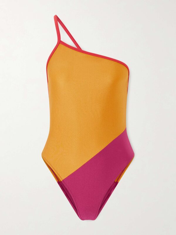 One-shoulder color-block swimsuit