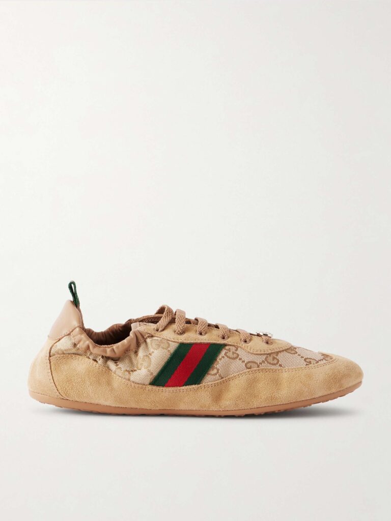 Shift webbing and leather-trimmed canvas-jacquard and suede sneakers