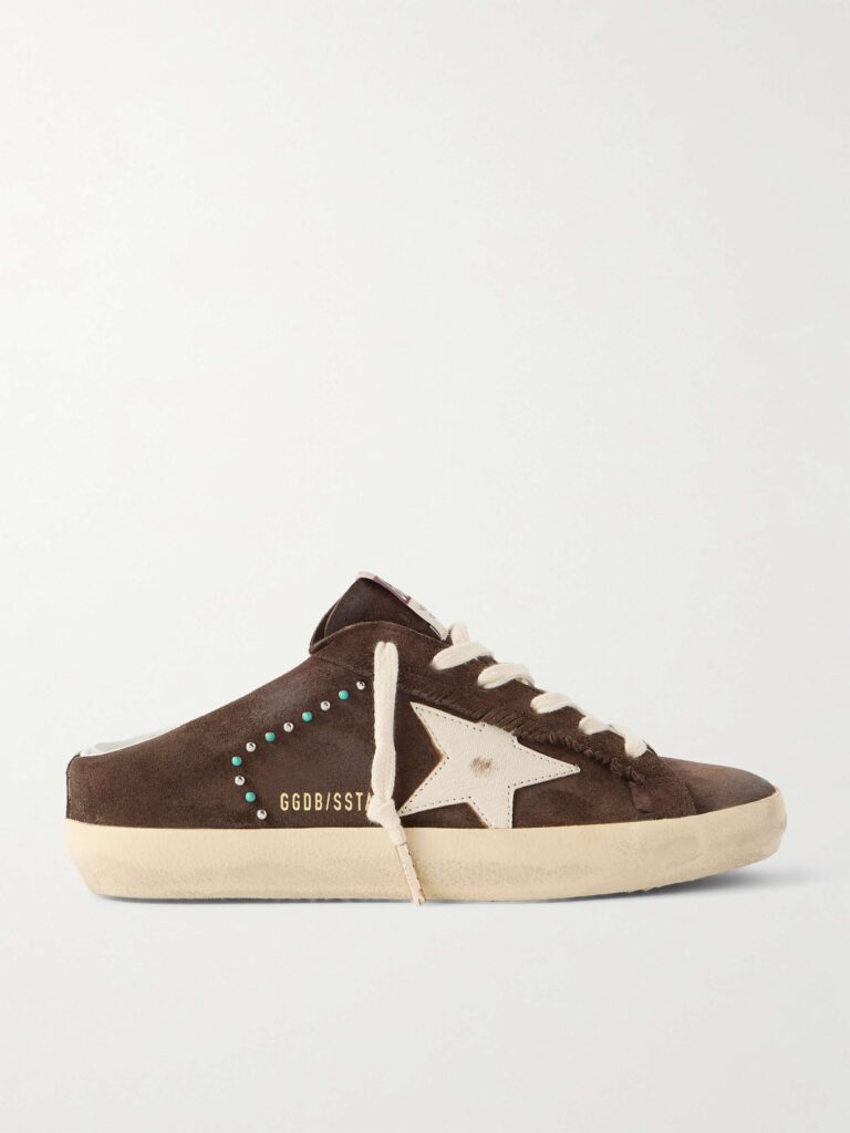 Super-Star Sabot distressed leather-trimmed studded suede slip-on sneakers