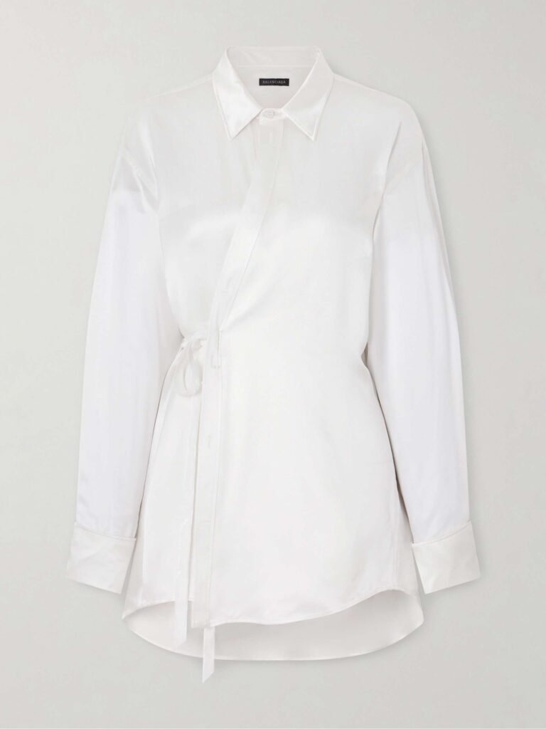Tie-detailed crystal-embellished silk-blend satin blouse