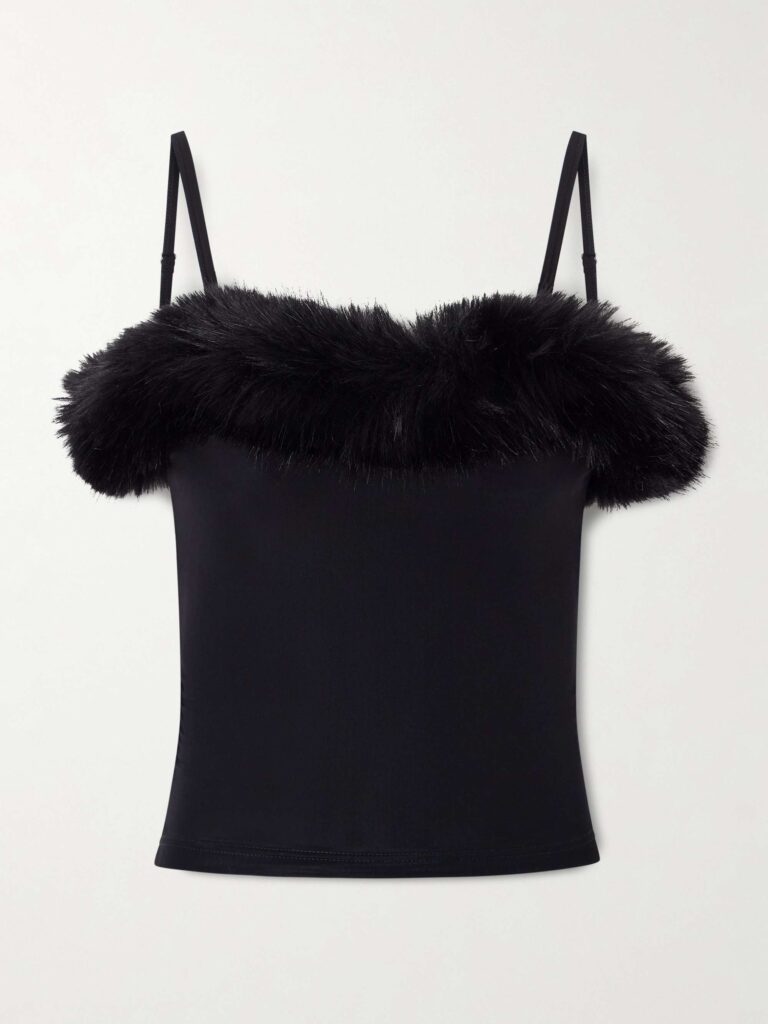 Plush-trimmed stretch-jersey camisole