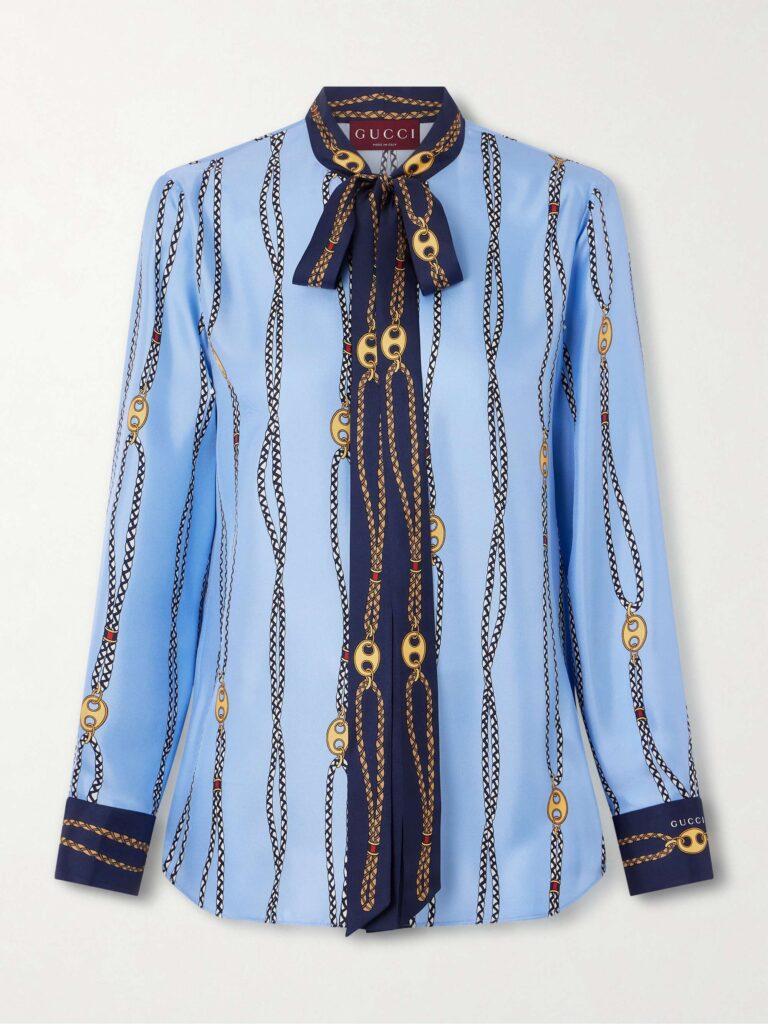 Marina Waves pussy-bow printed silk-twill shirt