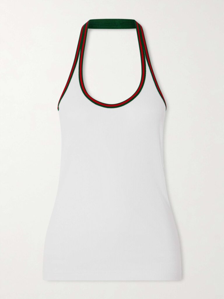 Striped ribbed cotton-blend jersey halterneck tank