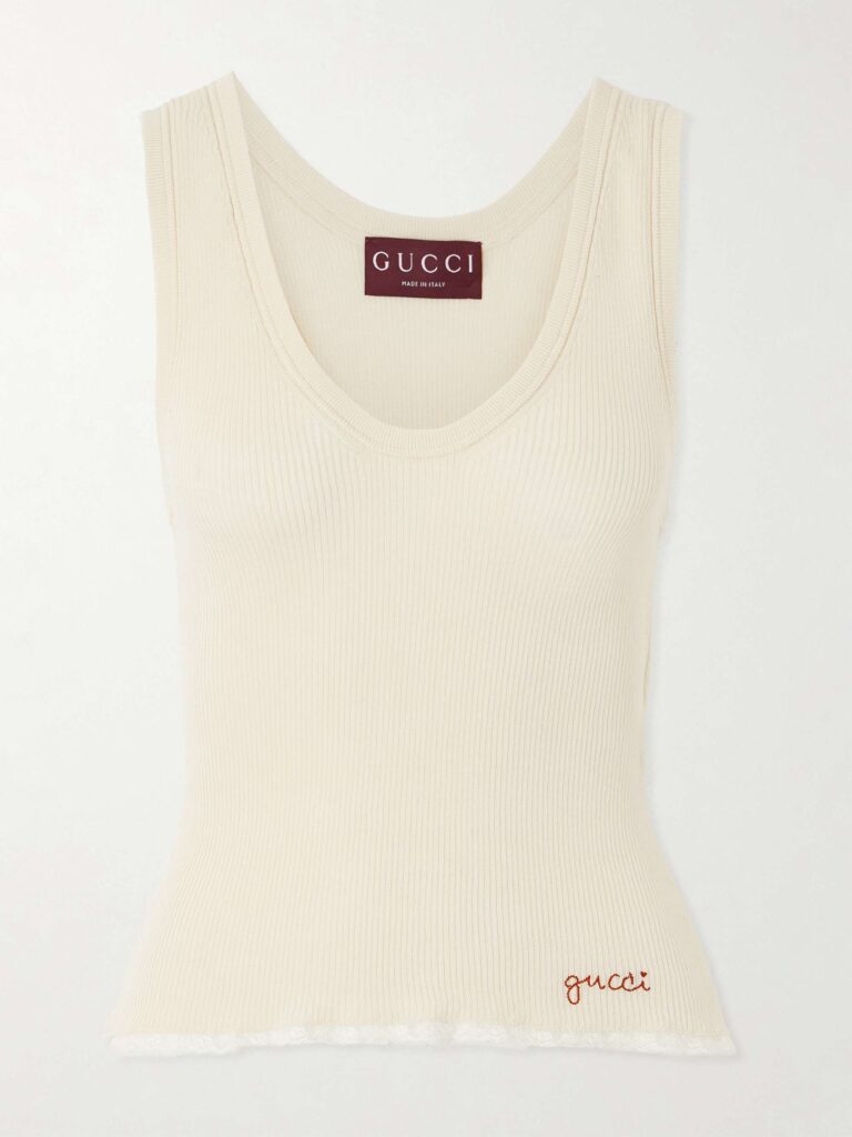 Embroidered lace-trimmed ribbed-knit cotton tank top
