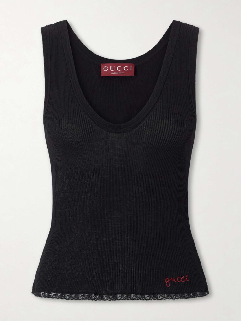 Embroidered lace-trimmed ribbed-knit cotton tank top