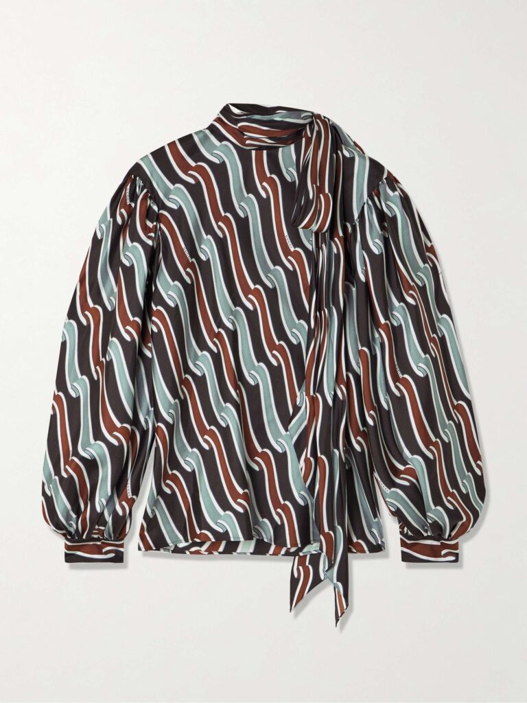 Tie-detailed gathered printed silk-jacquard blouse