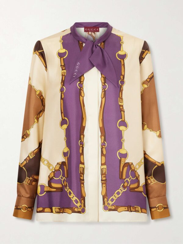 Tie-detailed printed silk shirt