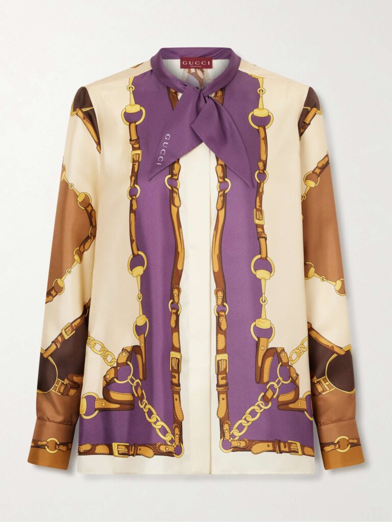 Tie-detailed printed silk shirt