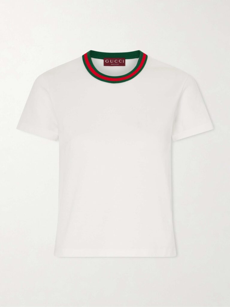 Cropped striped embroidered cotton-jersey T-shirt