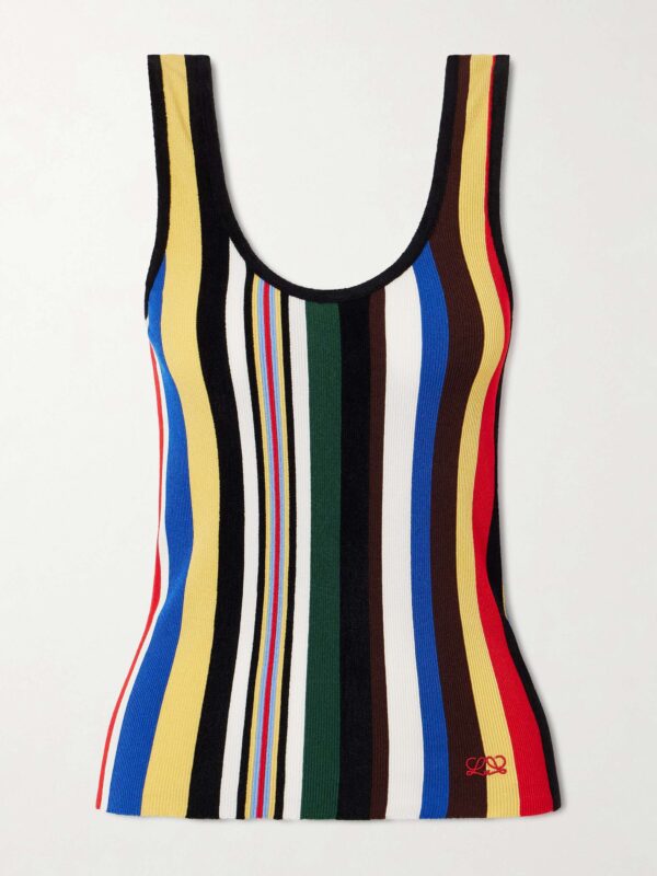 Embroidered striped ribbed-knit tank