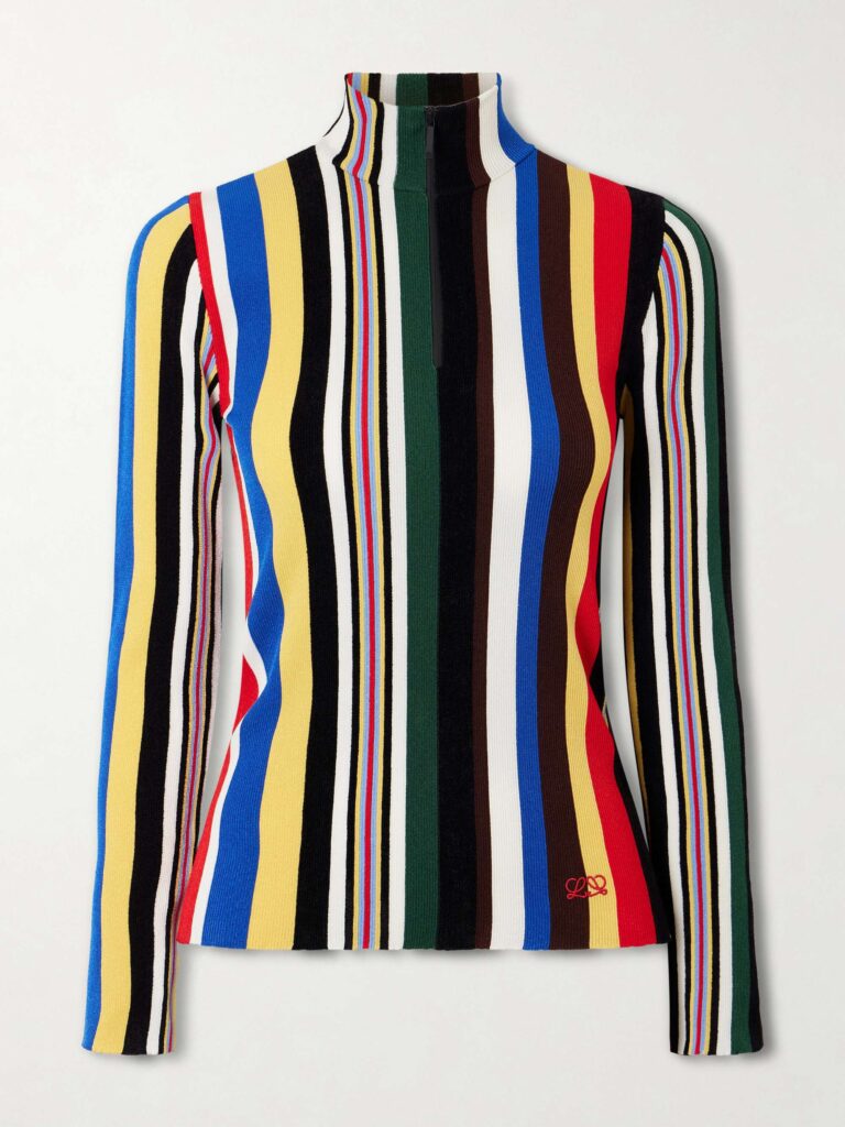 Striped ribbed-knit half-zip turtleneck top