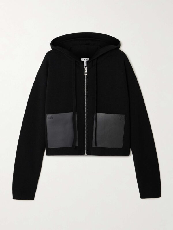 Leather-trimmed wool-blend hoodie