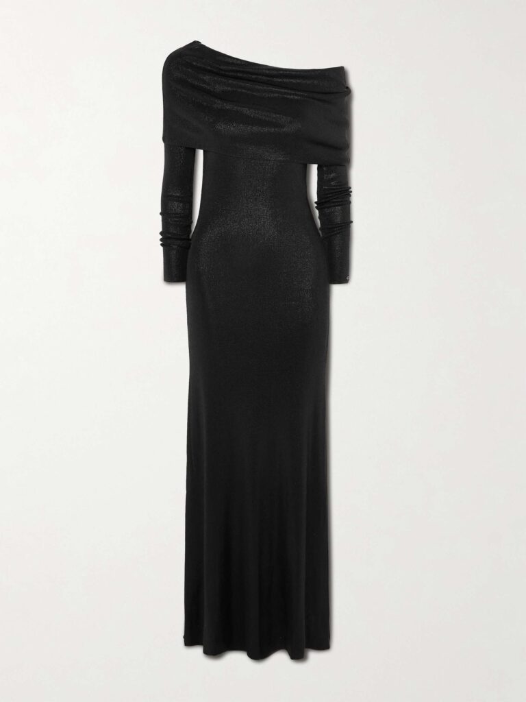 Draped metallic stretch-knit maxi dress