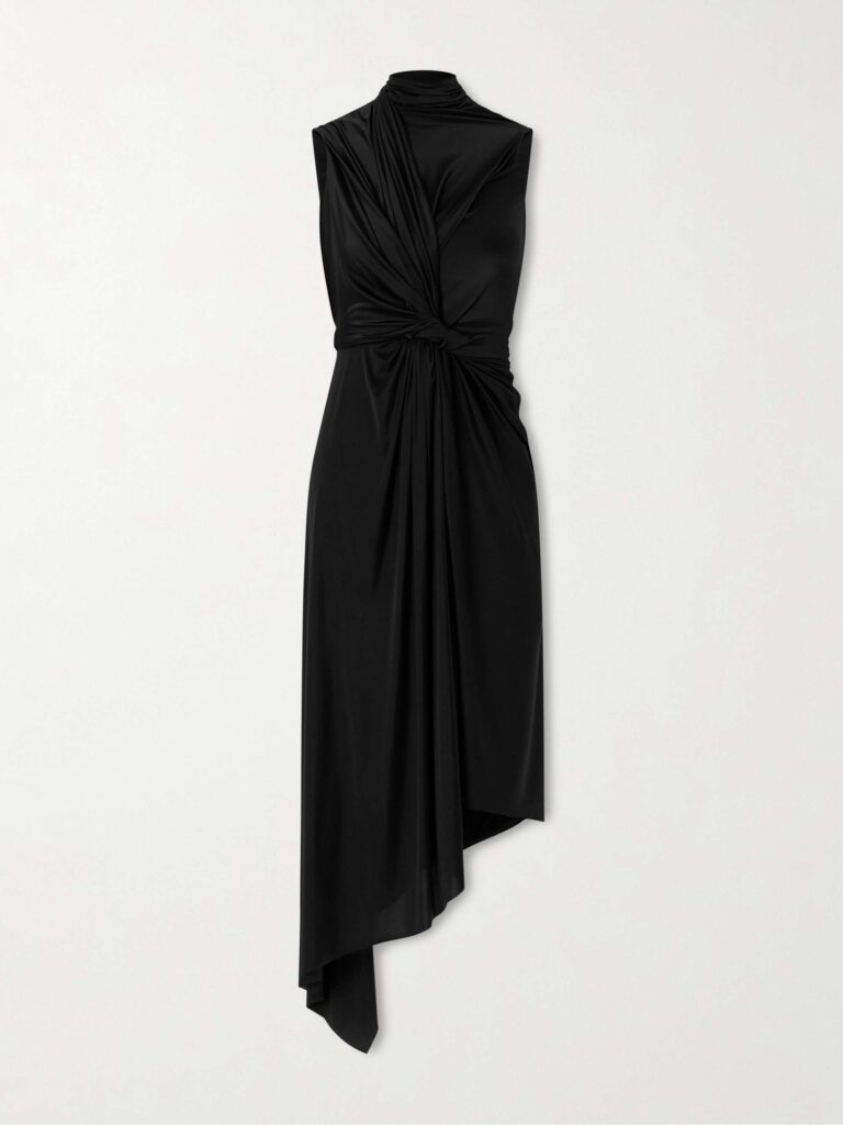 Asymmetric draped knotted satin-jersey dress