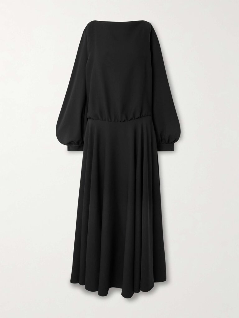 Balloon gathered draped cutout silk and wool-blend crepe maxi dress