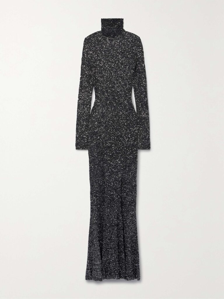 Sequined stretch-knit turtleneck maxi dress