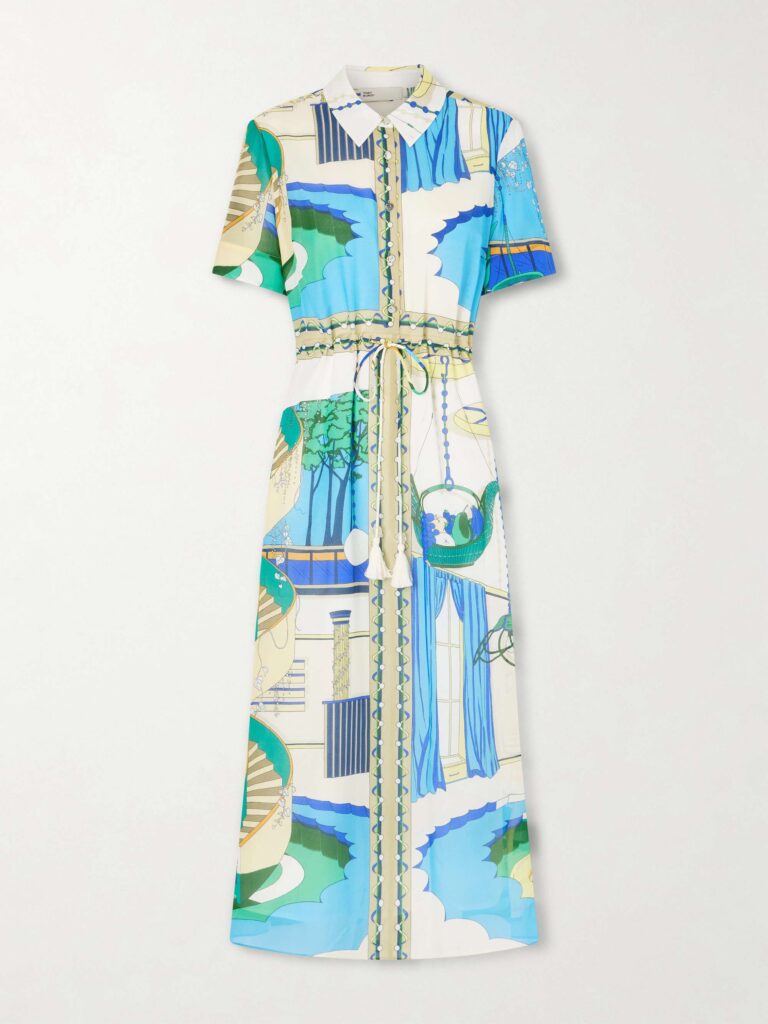Belted printed silk and cotton-blend maxi dress