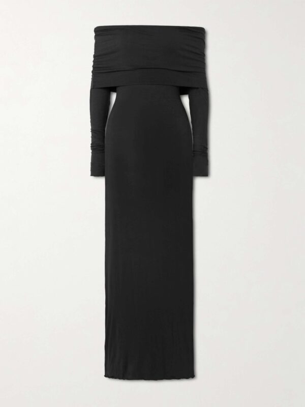 Sheer Modal-Blend Off Shoulder Long Dress - Onyx