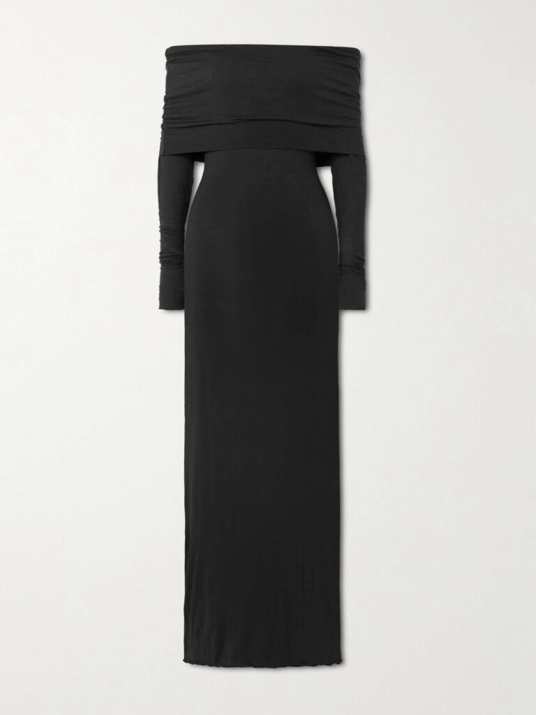 Sheer Modal-Blend Off Shoulder Long Dress - Onyx