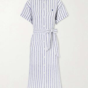 Belted striped linen midi dress