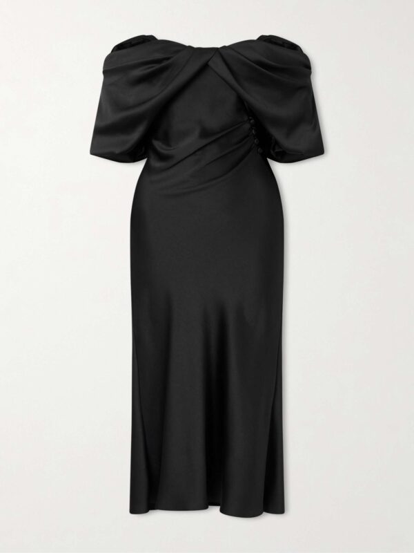 Off-the-shoulder draped satin midi dress