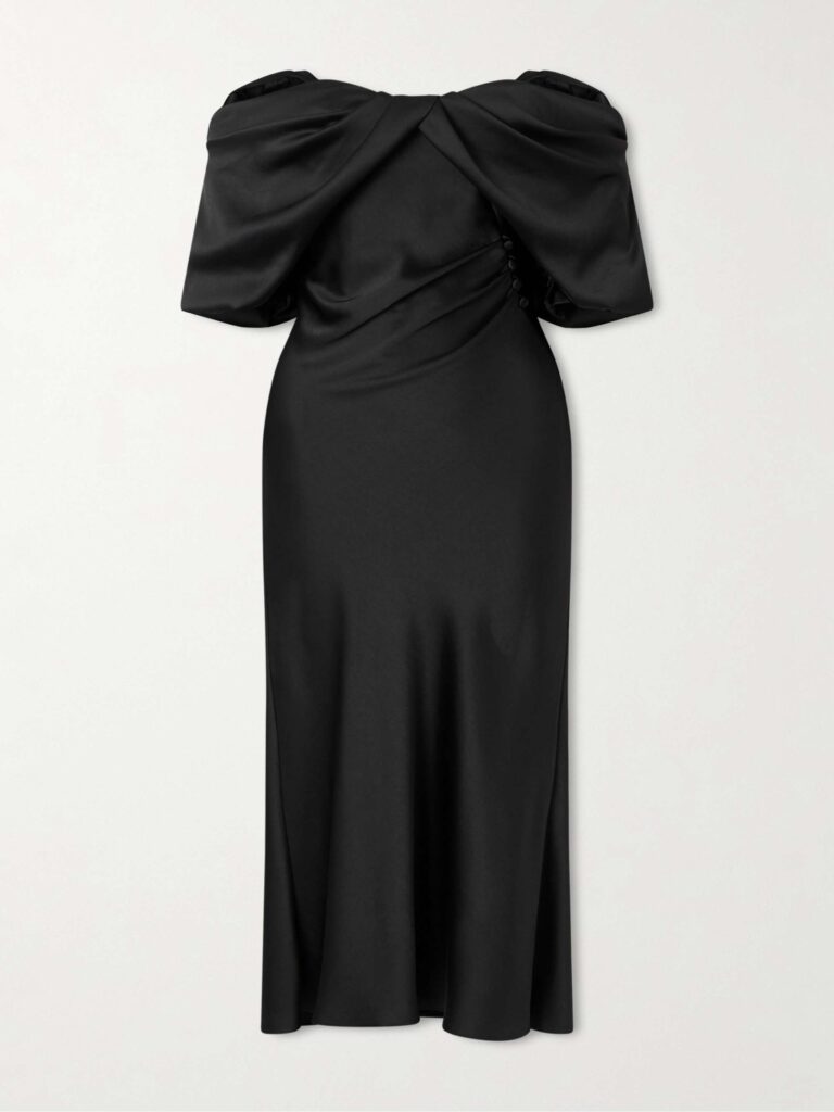 Off-the-shoulder draped satin midi dress