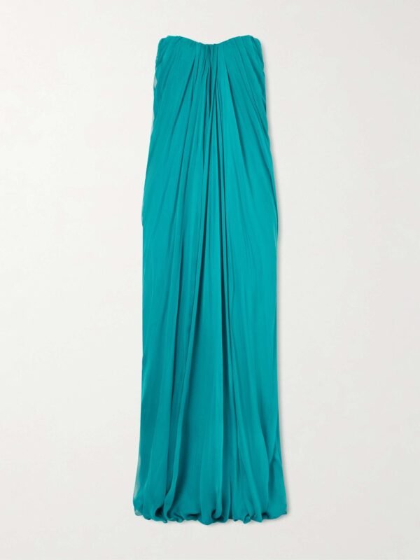 Strapless draped silk-chiffon bustier gown