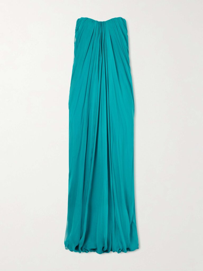 Strapless draped silk-chiffon bustier gown