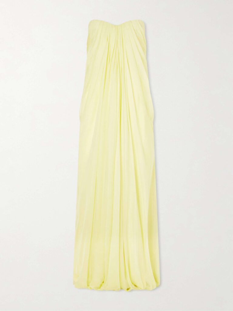 Strapless draped silk-chiffon bustier gown