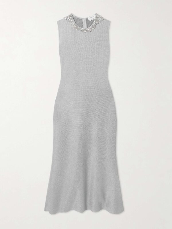 Embellished metallic stretch-knit midi dress